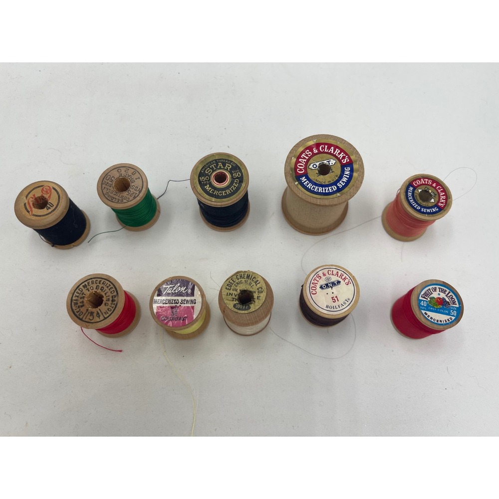Vintage Wooden Thread Spools Lot 10 pc Coats & Clark Star Talon Multi Good Mixed
